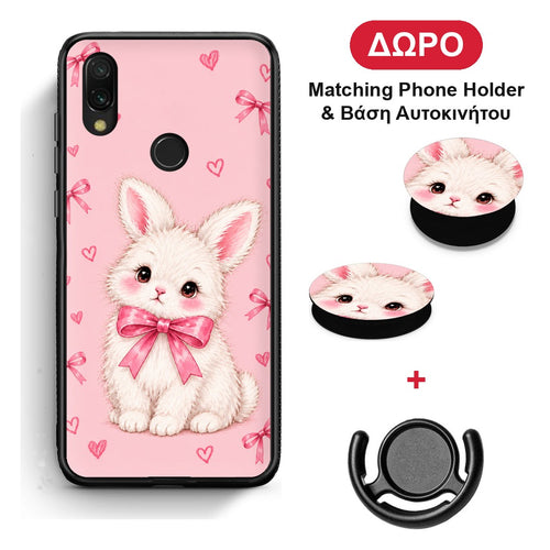 White Bunny and Pink Bows - Xiaomi Redmi 7 θήκη + Δώρο Phone Holder & Βάση Αυτοκινήτου