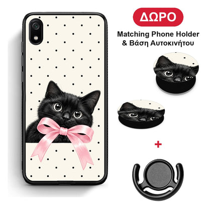 Black Kitten Pink Bow and Polka Dots - Xiaomi Redmi 7A θήκη + Δώρο Phone Holder & Βάση Αυτοκινήτου