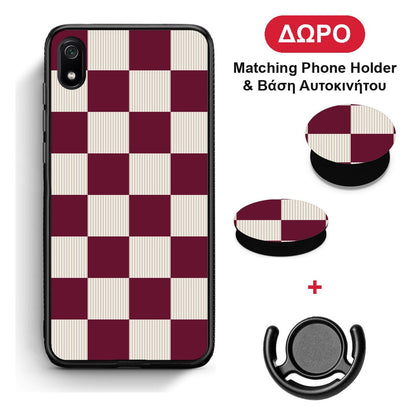 Burgundy and Cream Striped Checks - Xiaomi Redmi 7A θήκη + Δώρο Phone Holder & Βάση Αυτοκινήτου