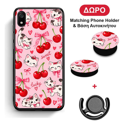 Cherries Bows and Kittens on Pink - Xiaomi Redmi 7A θήκη + Δώρο Phone Holder & Βάση Αυτοκινήτου