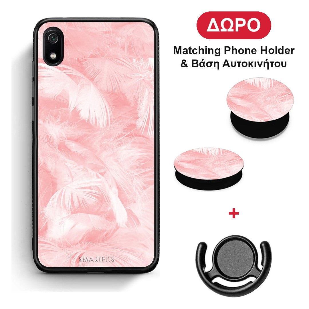 Boho Pink Feather - Xiaomi Redmi 7A θήκη + Δώρο Phone Holder & Βάση Αυτοκινήτου
