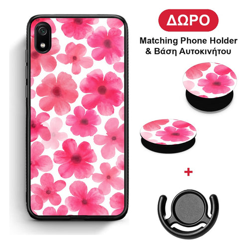 Pink Watercolour Flowers on White - Xiaomi Redmi 7A θήκη + Δώρο Phone Holder & Βάση Αυτοκινήτου