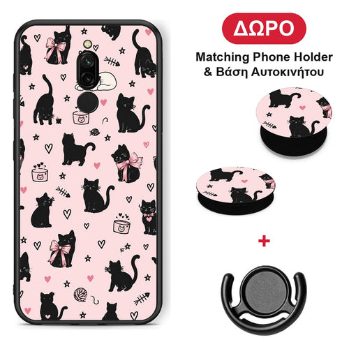 Black Cat Doodles on Pink - Xiaomi Redmi 8 θήκη + Δώρο Phone Holder & Βάση Αυτοκινήτου