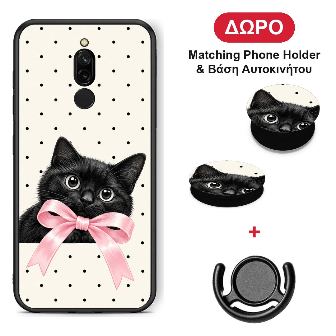 Black Kitten Pink Bow and Polka Dots - Xiaomi Redmi 8 θήκη + Δώρο Phone Holder & Βάση Αυτοκινήτου