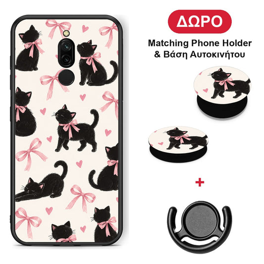 Black Kittens and Pink Bows on Cream Large - Xiaomi Redmi 8 θήκη + Δώρο Phone Holder & Βάση Αυτοκινήτου