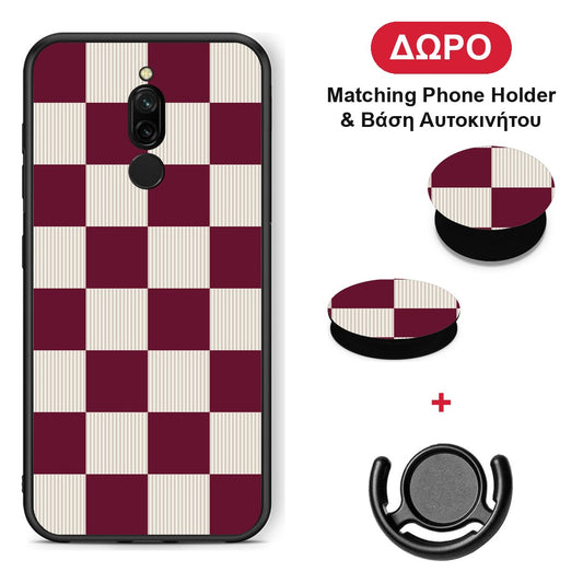 Burgundy and Cream Striped Checks - Xiaomi Redmi 8 θήκη + Δώρο Phone Holder & Βάση Αυτοκινήτου