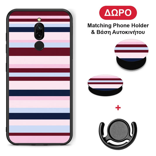 Burgundy Pink and Blue Horizontal Stripes - Xiaomi Redmi 8 θήκη + Δώρο Phone Holder & Βάση Αυτοκινήτου