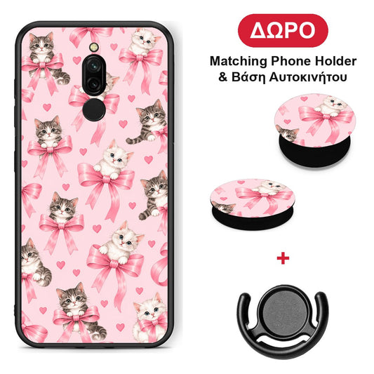 Kittens and Pink Bows on Pink - Xiaomi Redmi 8 θήκη + Δώρο Phone Holder & Βάση Αυτοκινήτου
