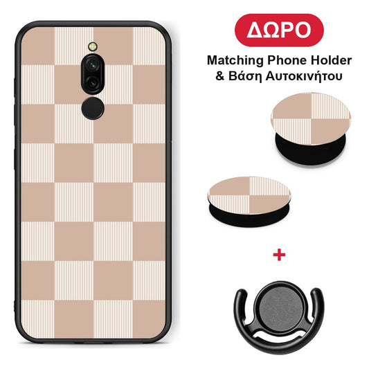 Latte and Cream Striped Checks - Xiaomi Redmi 8 θήκη + Δώρο Phone Holder & Βάση Αυτοκινήτου