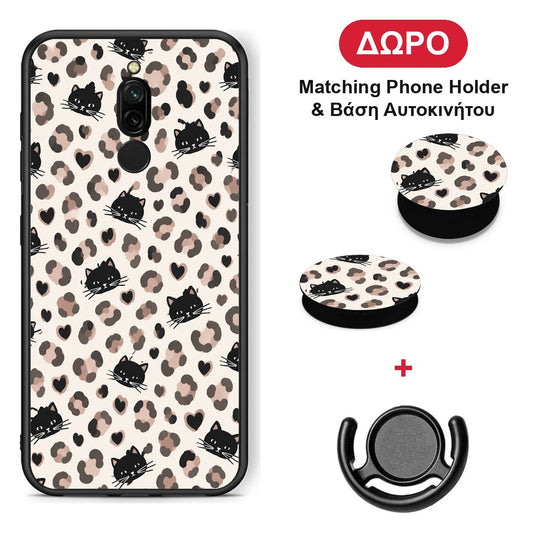 Leopard Spots and Black Cats on Cream - Xiaomi Redmi 8 θήκη + Δώρο Phone Holder & Βάση Αυτοκινήτου
