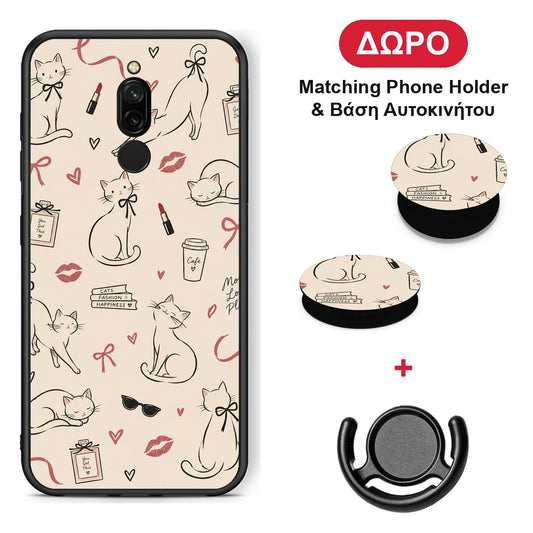 Minimal Cat and Fashion Doodles on Cream - Xiaomi Redmi 8 θήκη + Δώρο Phone Holder & Βάση Αυτοκινήτου