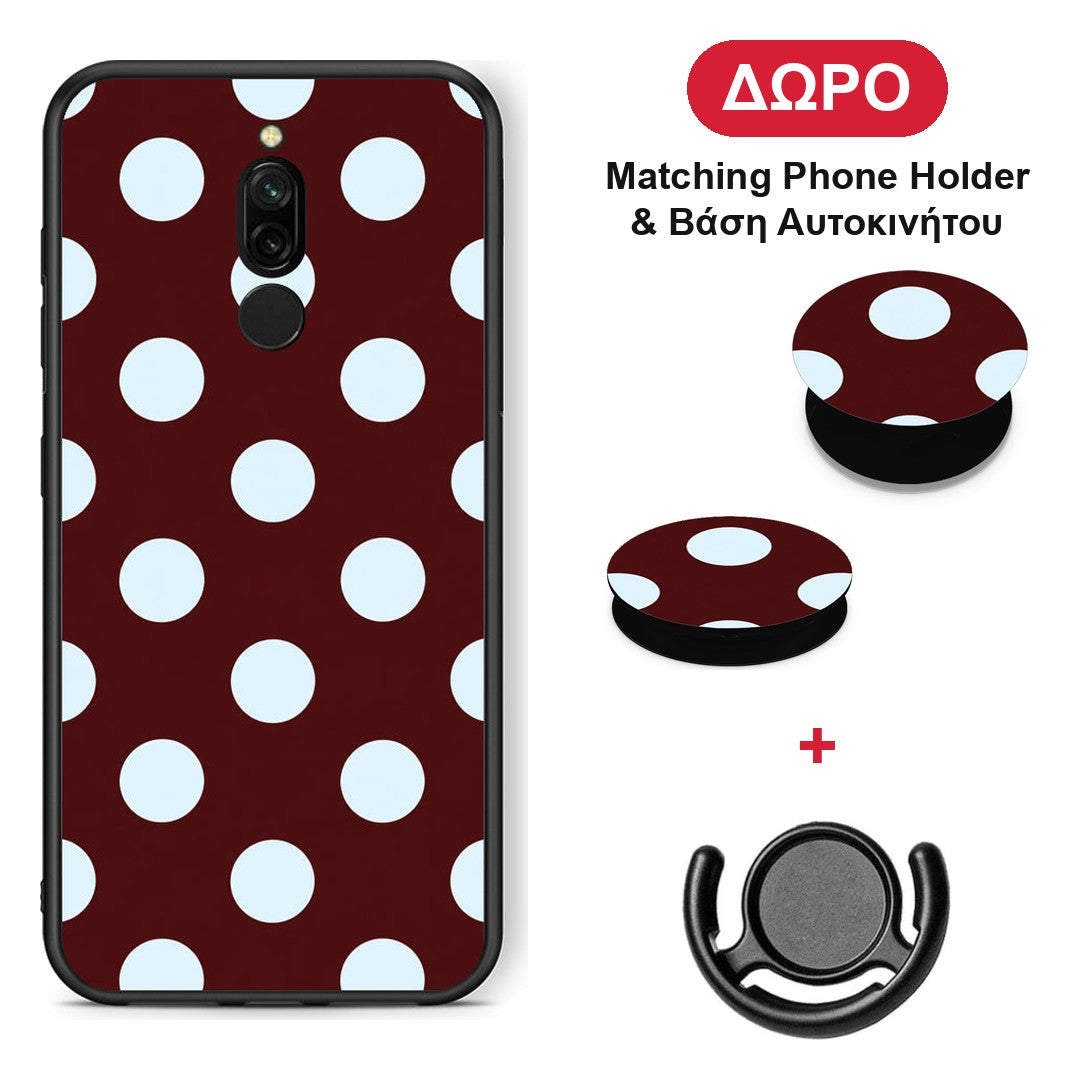 Pale Blue Large Polka Dots on Burgundy - Xiaomi Redmi 8 θήκη + Δώρο Phone Holder & Βάση Αυτοκινήτου