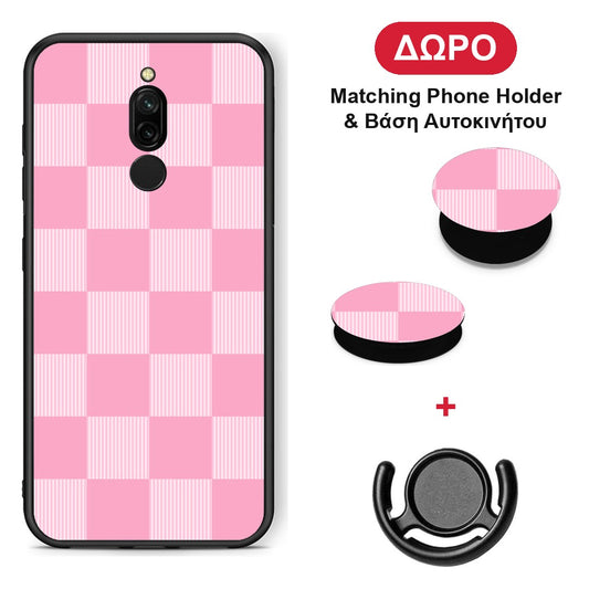Pink and White Striped Checks - Xiaomi Redmi 8 θήκη + Δώρο Phone Holder & Βάση Αυτοκινήτου