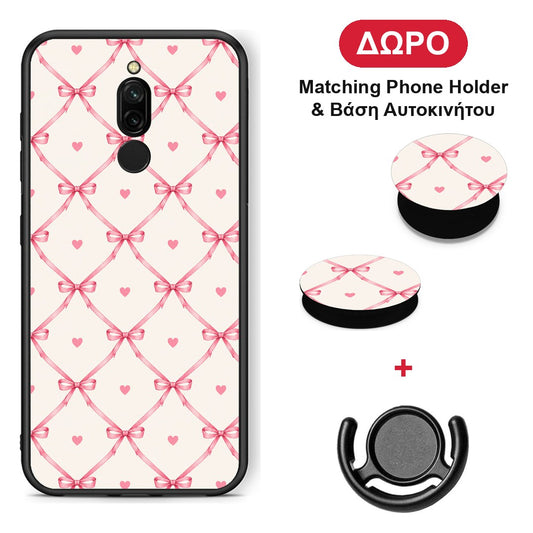 Pink Bow Lattice and Hearts on Cream - Xiaomi Redmi 8 θήκη + Δώρο Phone Holder & Βάση Αυτοκινήτου