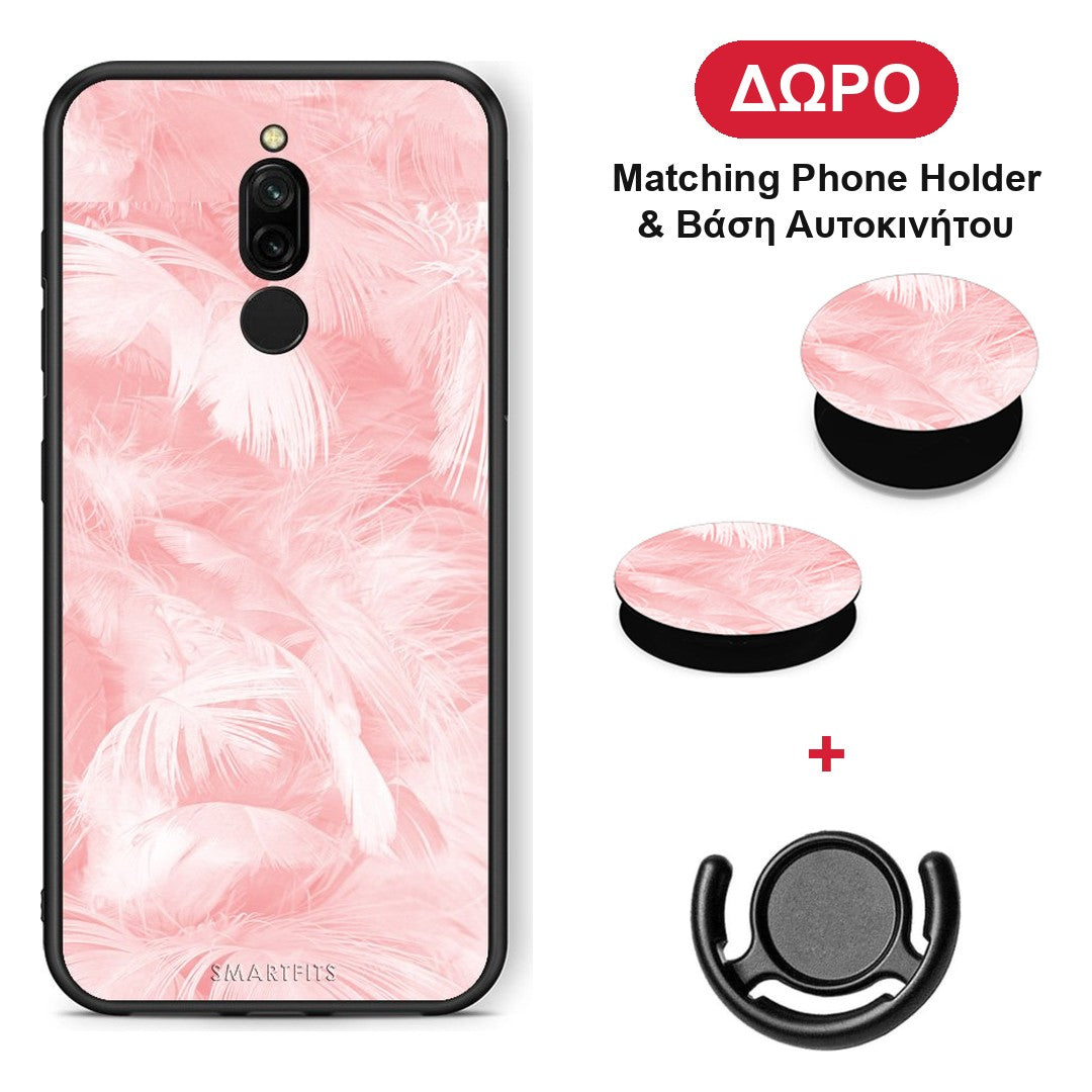 Boho Pink Feather - Xiaomi Redmi 8 θήκη + Δώρο Phone Holder & Βάση Αυτοκινήτου