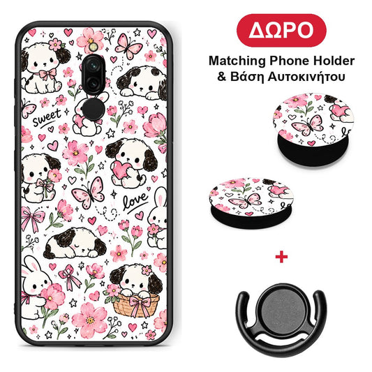 Pink Florals Puppies and Bunnies on White - Xiaomi Redmi 8 θήκη + Δώρο Phone Holder & Βάση Αυτοκινήτου