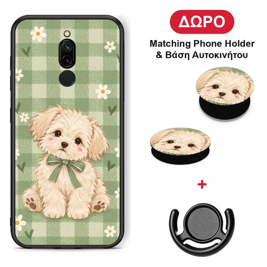 Puppy and Daisies on Sage Gingham - Xiaomi Redmi 8 θήκη + Δώρο Phone Holder & Βάση Αυτοκινήτου