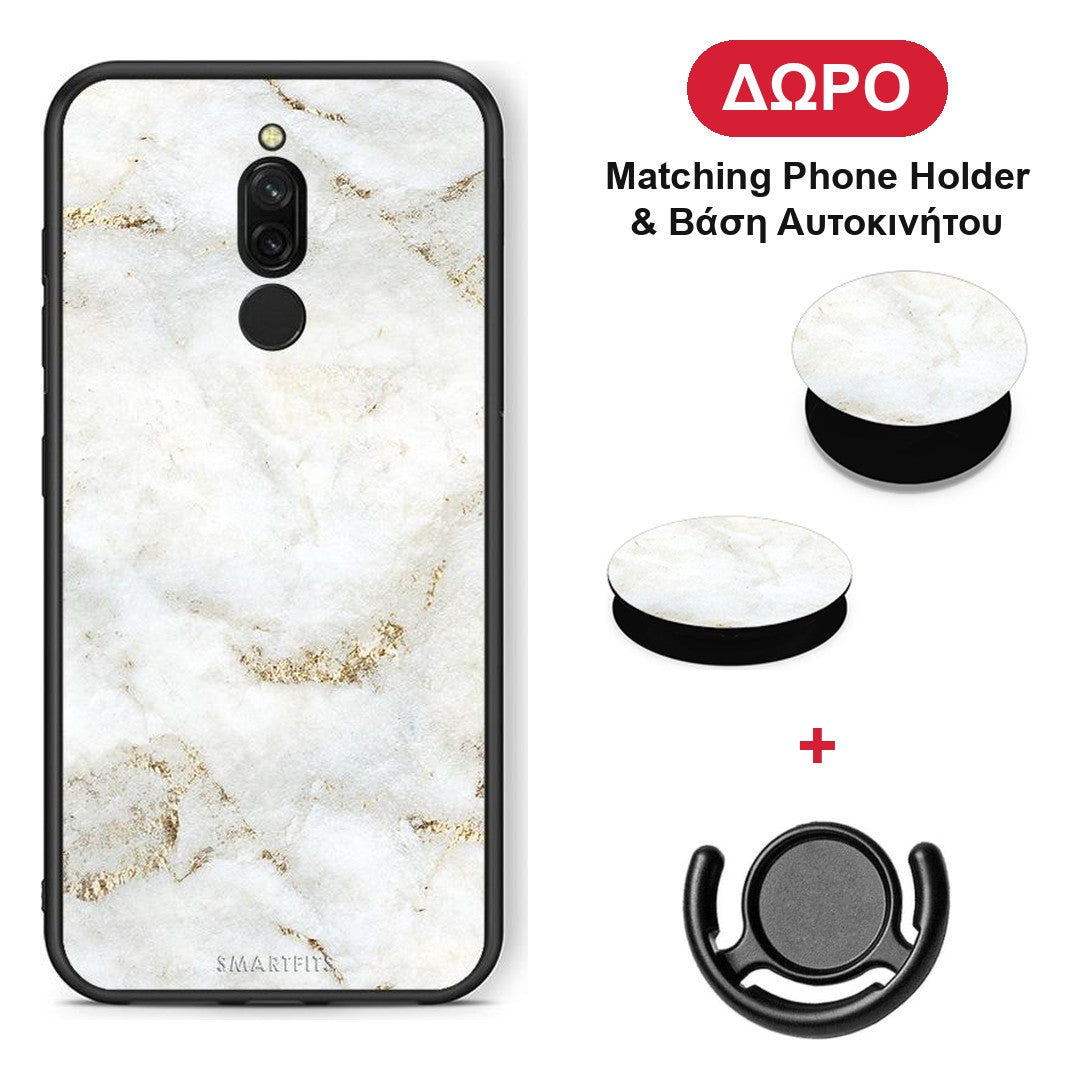 White Gold Marble - Xiaomi Redmi 8 θήκη + Δώρο Phone Holder & Βάση Αυτοκινήτου