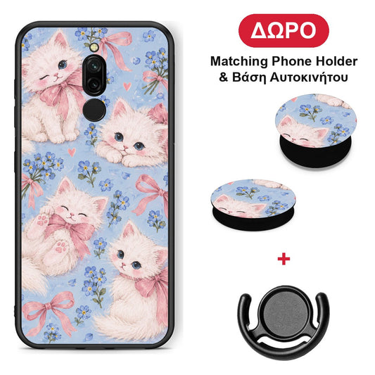White Kittens and Blue Flowers Large - Xiaomi Redmi 8 θήκη + Δώρο Phone Holder & Βάση Αυτοκινήτου