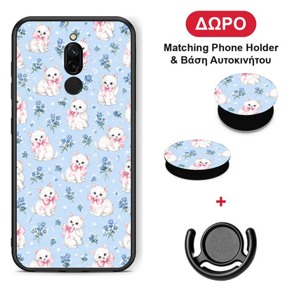White Kittens and Blue Flowers Small - Xiaomi Redmi 8 θήκη + Δώρο Phone Holder & Βάση Αυτοκινήτου