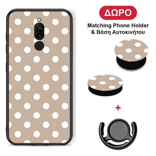 White Polka Dots on Taupe - Xiaomi Redmi 8 θήκη + Δώρο Phone Holder & Βάση Αυτοκινήτου