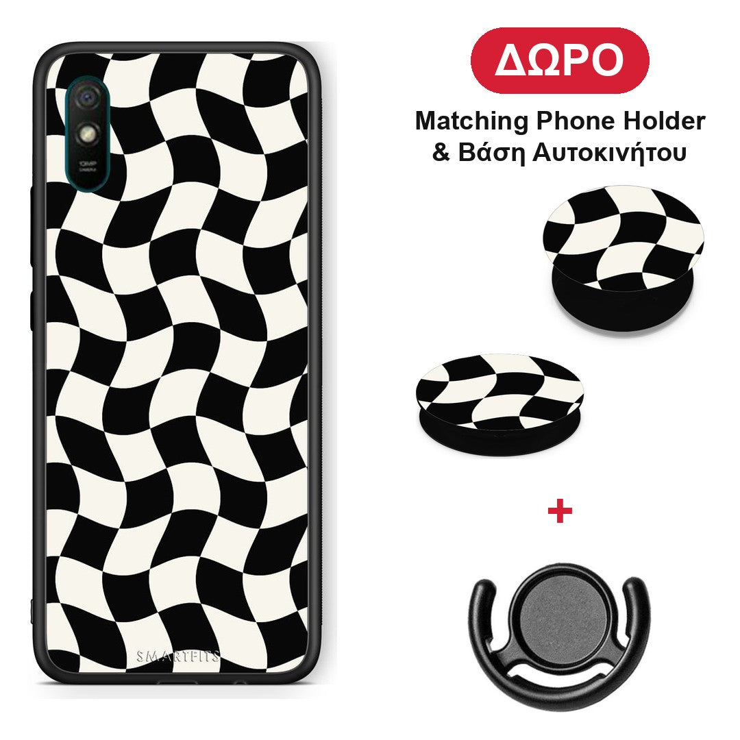 Black and Cream Wavy Checkerboard - Xiaomi Redmi 9A / 9AT θήκη + Δώρο Phone Holder & Βάση Αυτοκινήτου