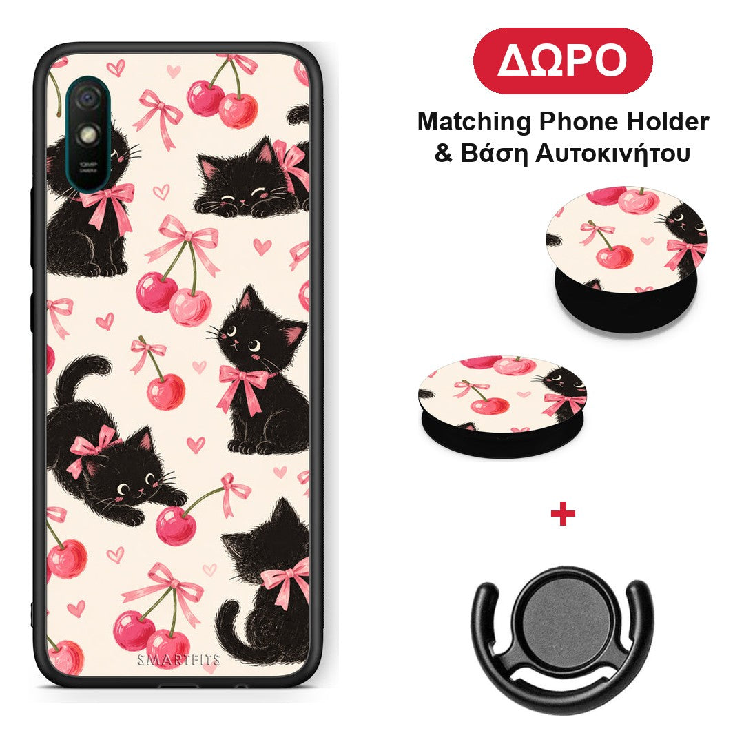 Black Kittens and Cherries on Cream - Xiaomi Redmi 9A / 9AT θήκη + Δώρο Phone Holder & Βάση Αυτοκινήτου
