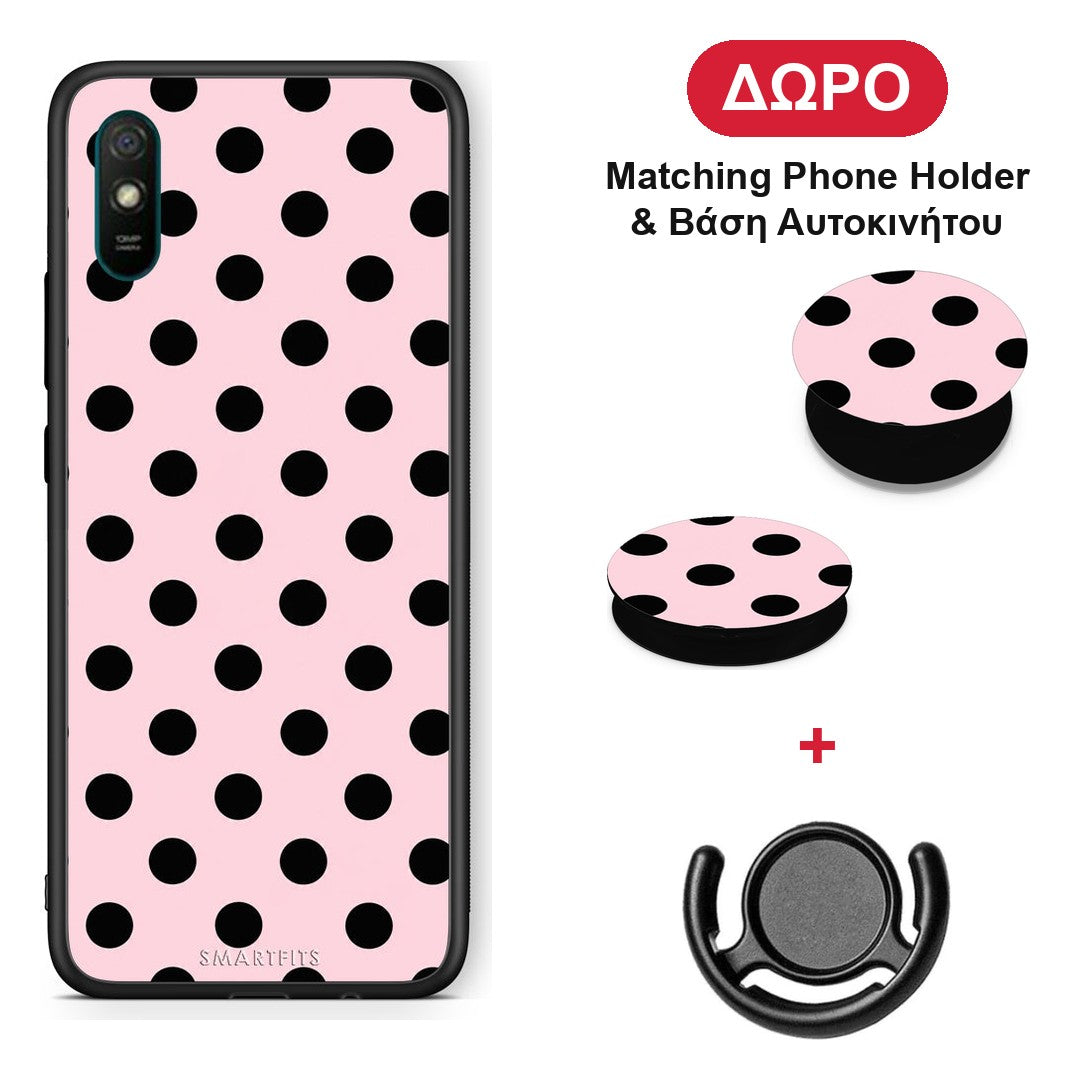 Black Polka Dots on Pink - Xiaomi Redmi 9A / 9AT θήκη + Δώρο Phone Holder & Βάση Αυτοκινήτου