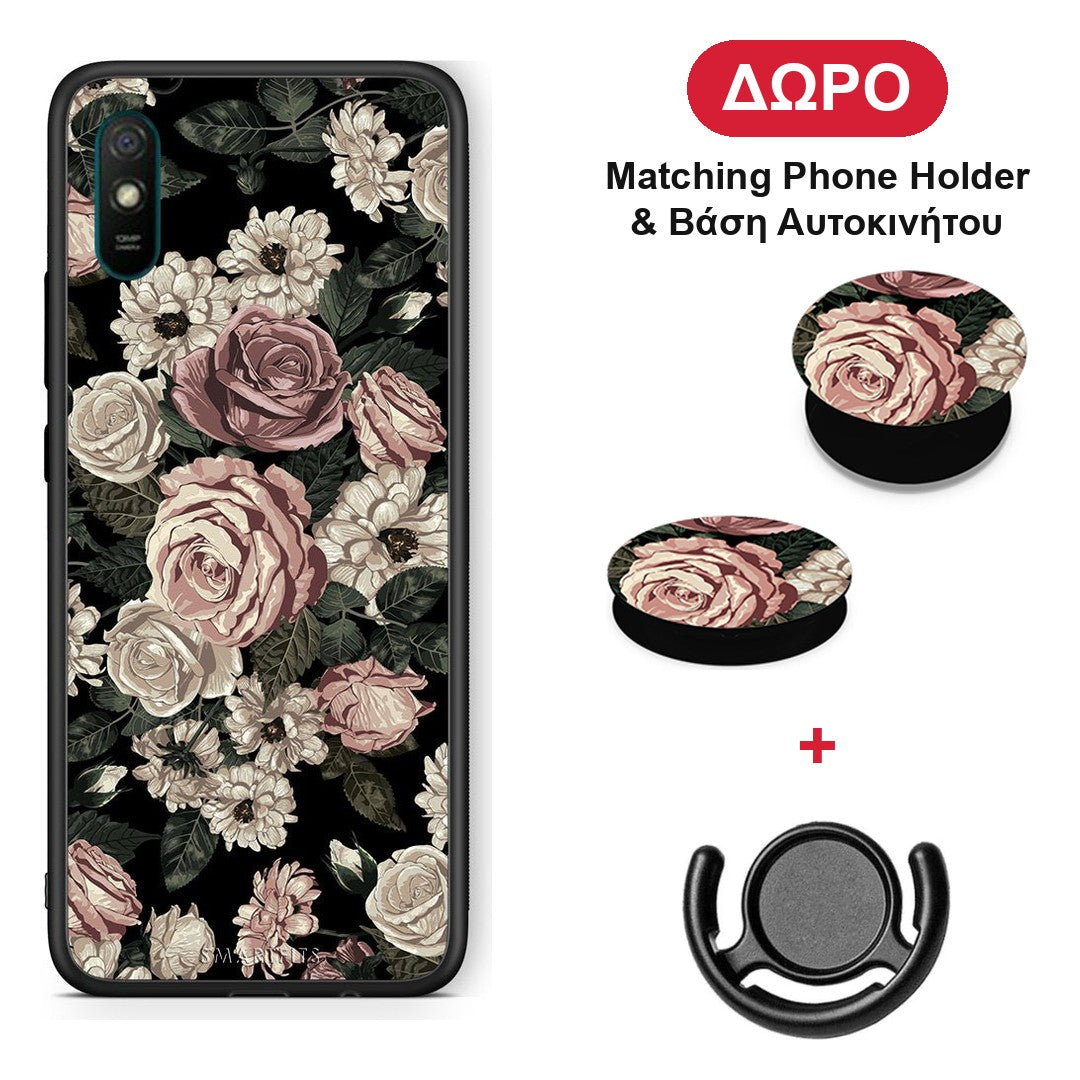 Flower Wild Roses - Xiaomi Redmi 9A / 9AT θήκη + Δώρο Phone Holder & Βάση Αυτοκινήτου