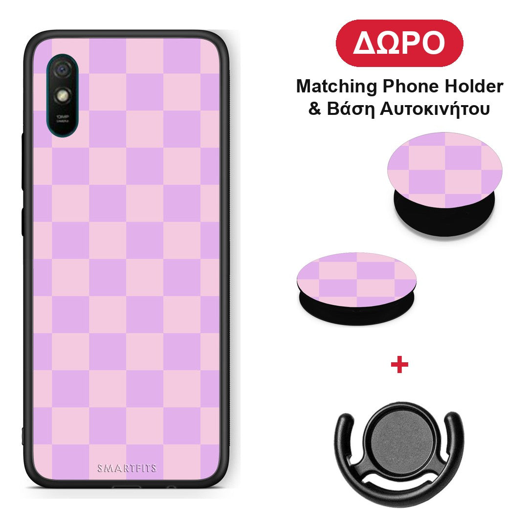 Lavender and Pink Checkerboard - Xiaomi Redmi 9A / 9AT θήκη + Δώρο Phone Holder & Βάση Αυτοκινήτου