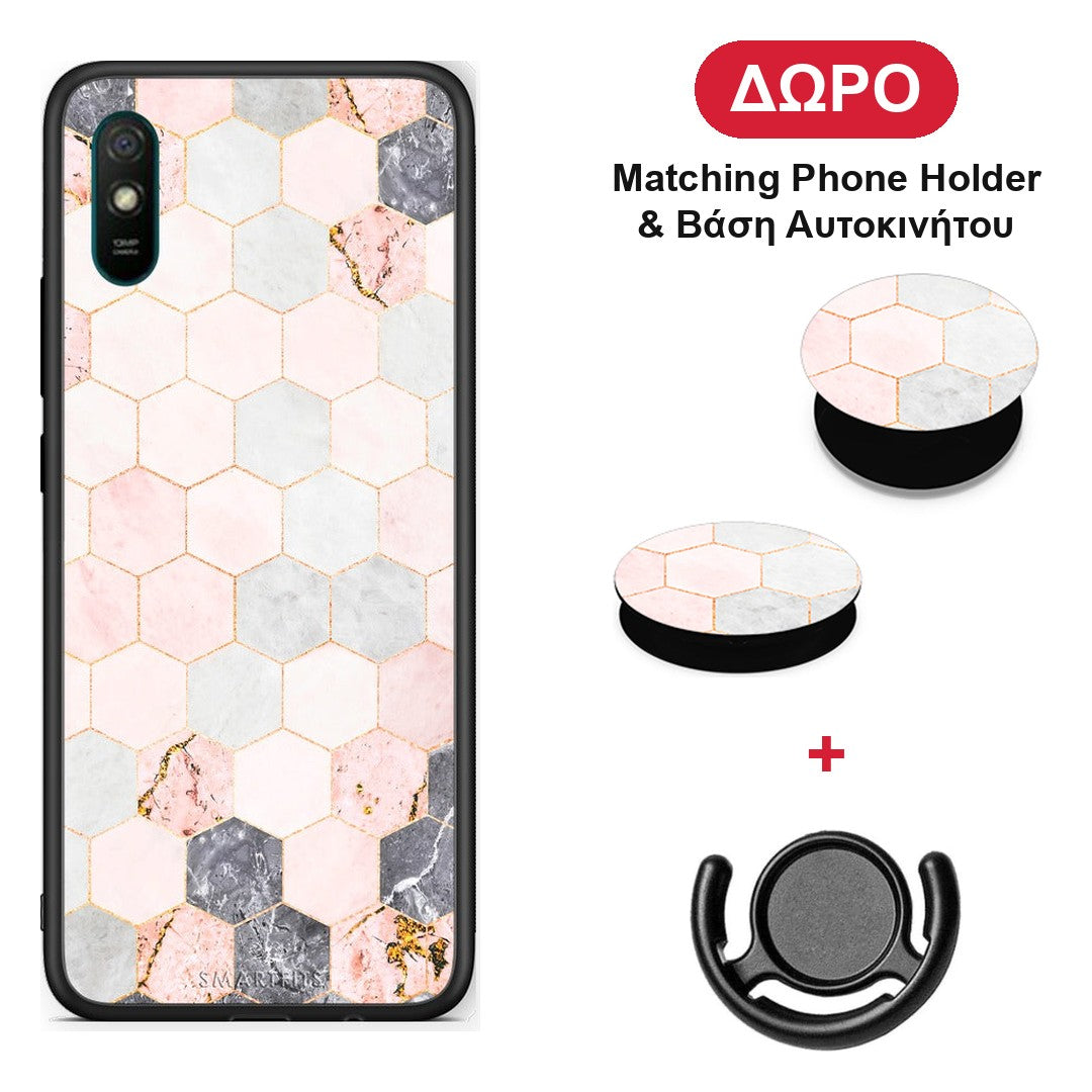Marble Hexagon Pink - Xiaomi Redmi 9A / 9AT θήκη + Δώρο Phone Holder & Βάση Αυτοκινήτου