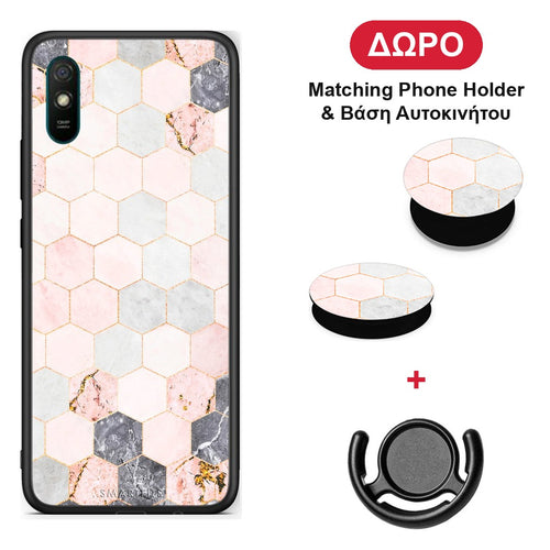 Marble Hexagon Pink - Xiaomi Redmi 9A / 9AT θήκη + Δώρο Phone Holder & Βάση Αυτοκινήτου
