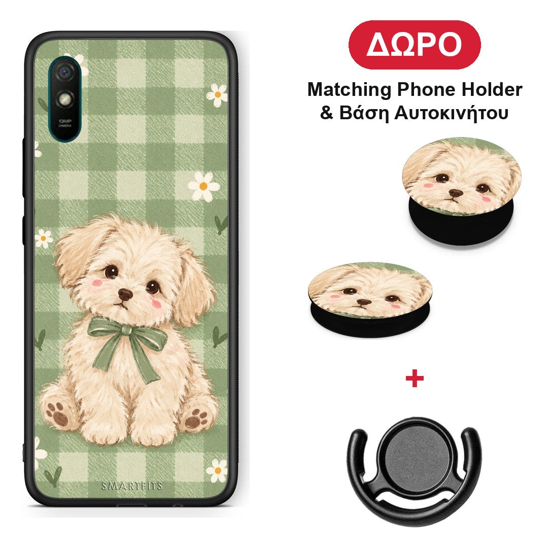 Puppy and Daisies on Sage Gingham - Xiaomi Redmi 9A / 9AT θήκη + Δώρο Phone Holder & Βάση Αυτοκινήτου