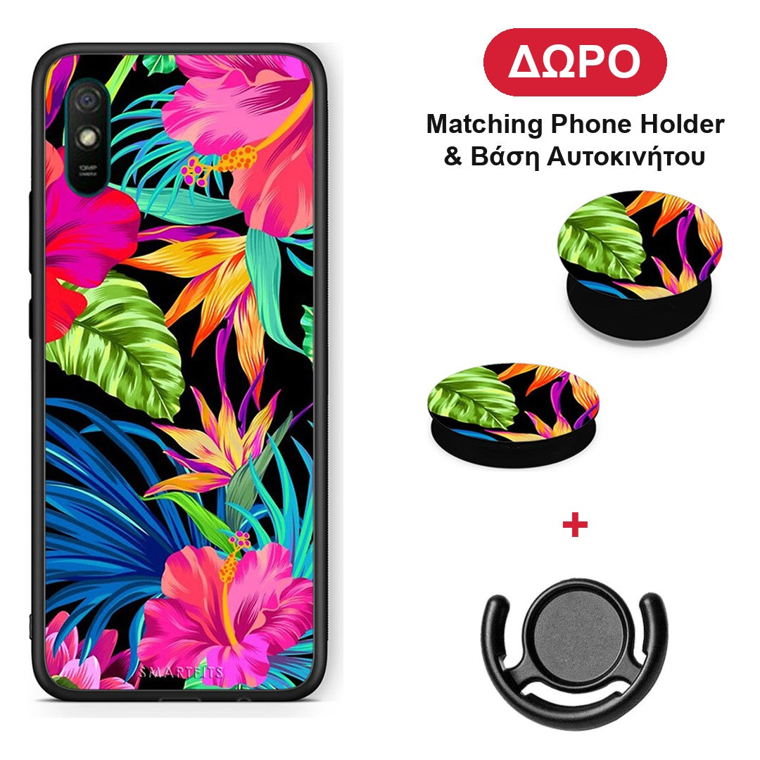 Tropical Flowers - Xiaomi Redmi 9A / 9AT θήκη + Δώρο Phone Holder & Βάση Αυτοκινήτου