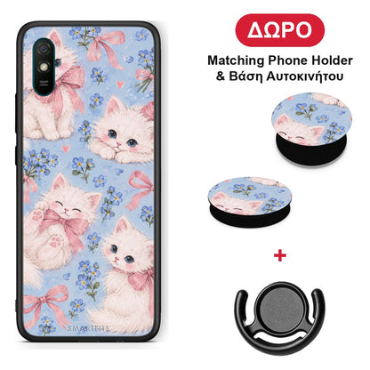 White Kittens and Blue Flowers Large - Xiaomi Redmi 9A / 9AT θήκη + Δώρο Phone Holder & Βάση Αυτοκινήτου