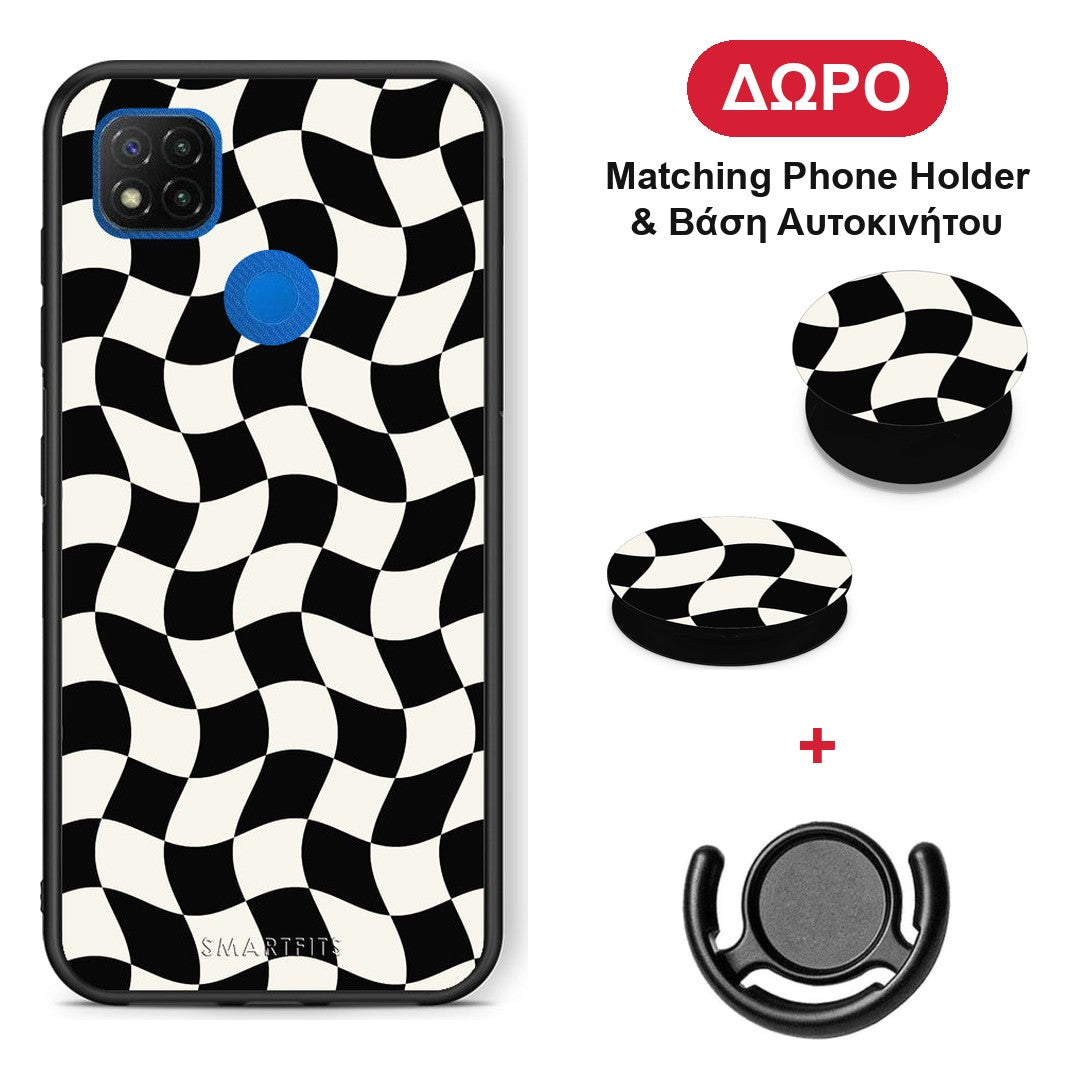 Black and Cream Wavy Checkerboard - Xiaomi Redmi 9C θήκη + Δώρο Phone Holder & Βάση Αυτοκινήτου