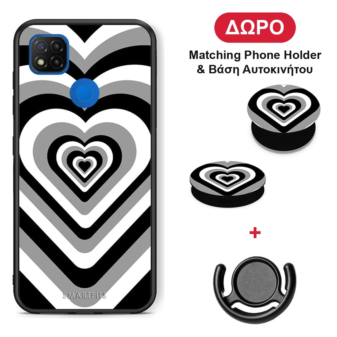 Black Hearts - Xiaomi Redmi 9C θήκη + Δώρο Phone Holder & Βάση Αυτοκινήτου