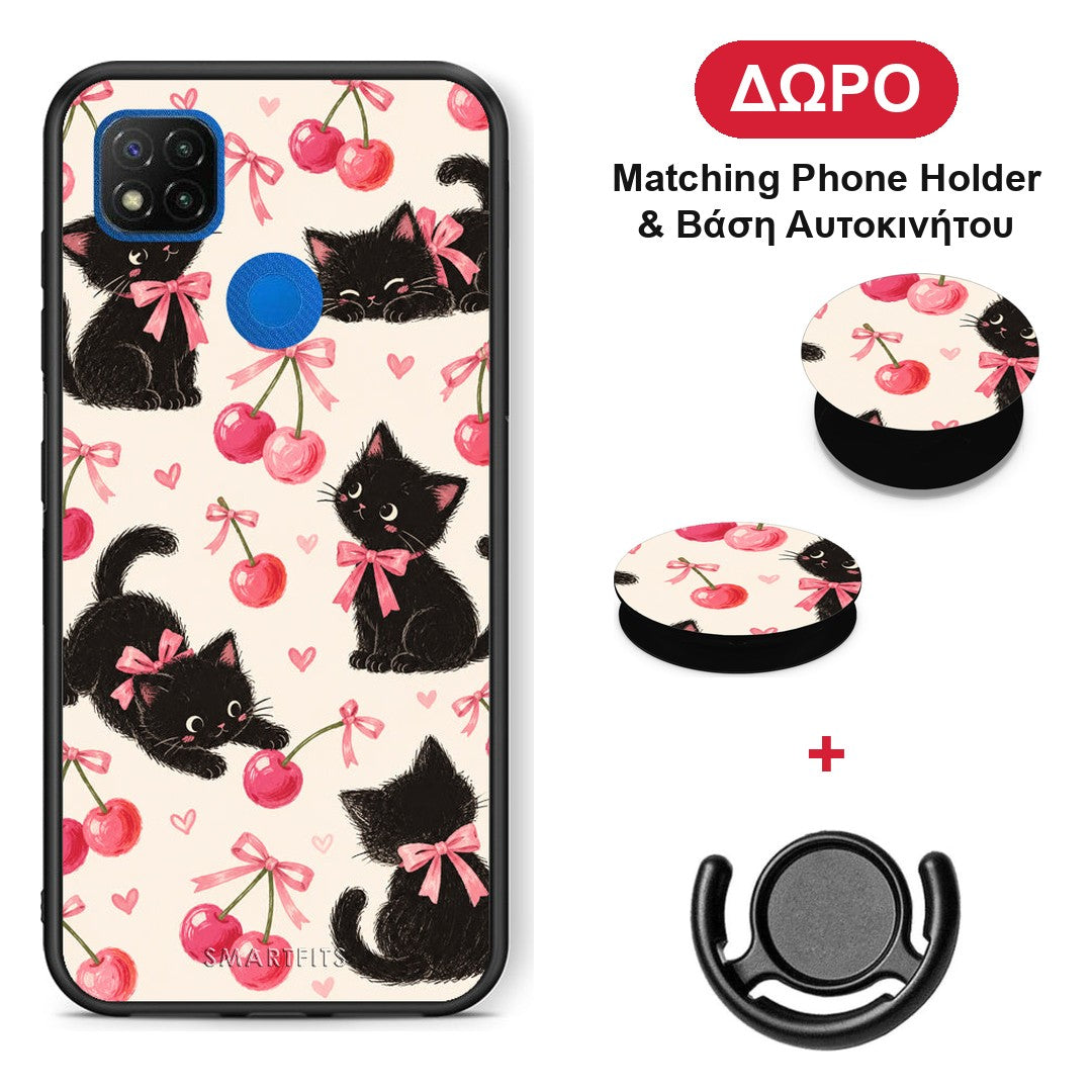 Black Kittens and Cherries on Cream - Xiaomi Redmi 9C θήκη + Δώρο Phone Holder & Βάση Αυτοκινήτου