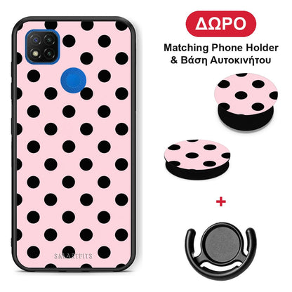 Black Polka Dots on Pink - Xiaomi Redmi 9C θήκη + Δώρο Phone Holder & Βάση Αυτοκινήτου