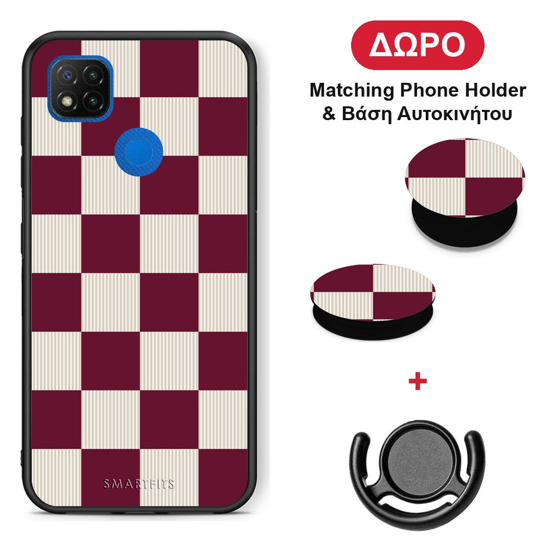 Burgundy and Cream Striped Checks - Xiaomi Redmi 9C θήκη + Δώρο Phone Holder & Βάση Αυτοκινήτου