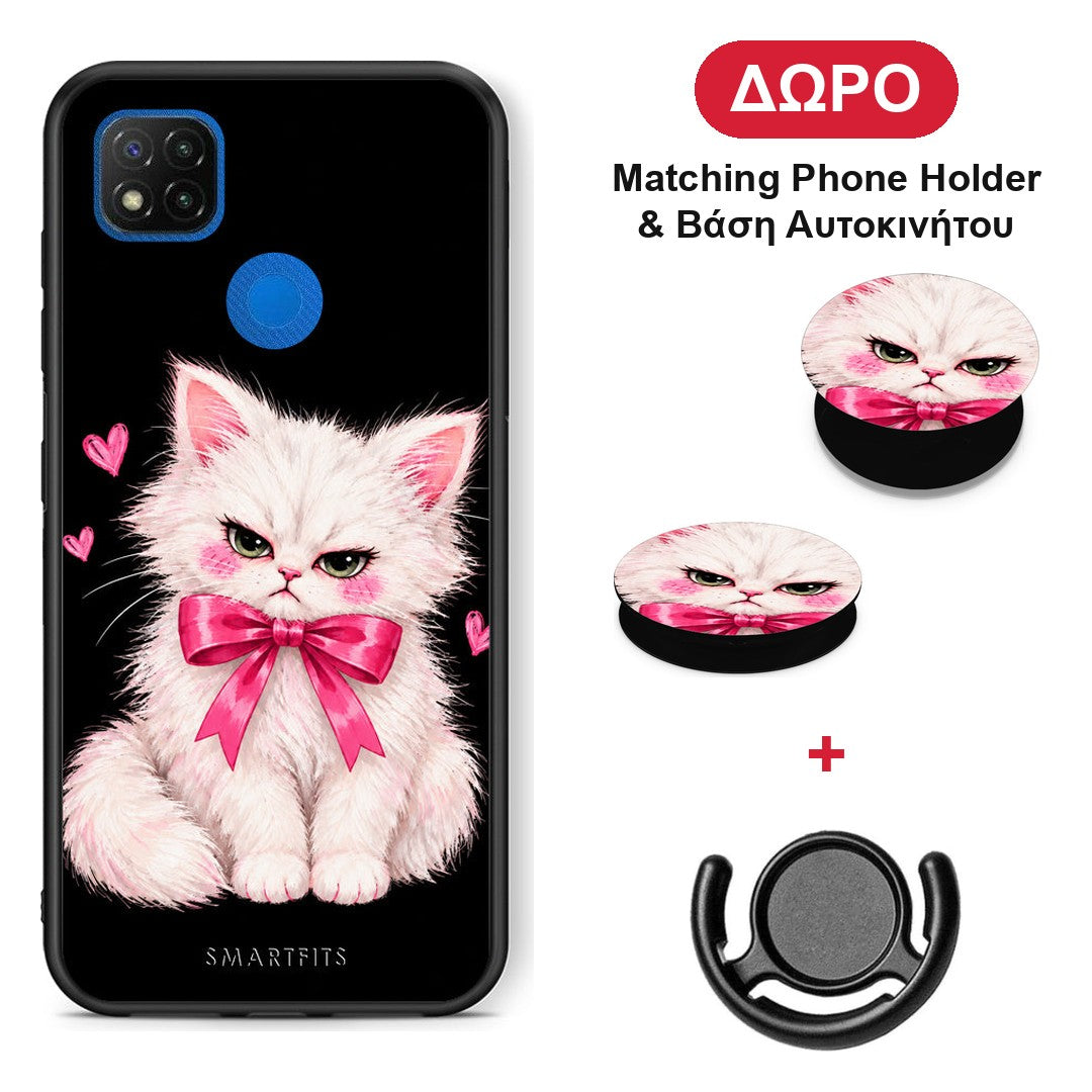 Grumpy Party Kitten on Black - Xiaomi Redmi 9C θήκη + Δώρο Phone Holder & Βάση Αυτοκινήτου