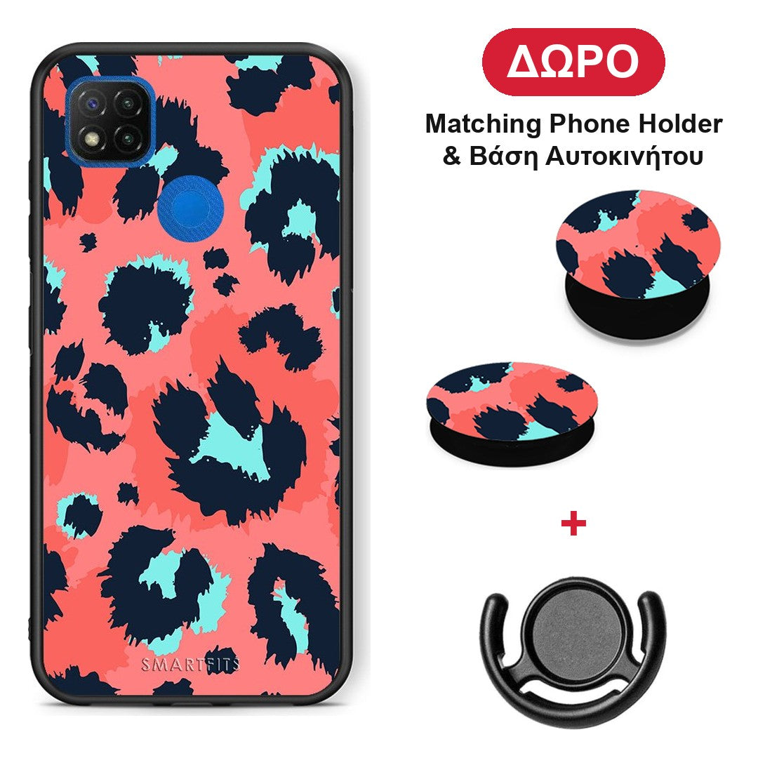 Animal Pink Leopard - Xiaomi Redmi 9C θήκη + Δώρο Phone Holder & Βάση Αυτοκινήτου