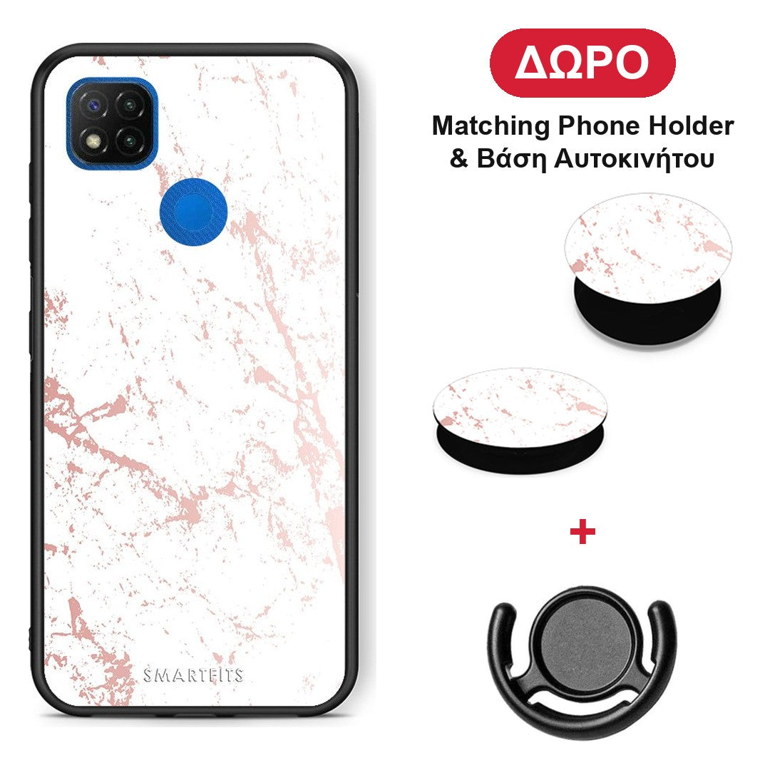 Marble Pink Splash - Xiaomi Redmi 9C θήκη + Δώρο Phone Holder & Βάση Αυτοκινήτου