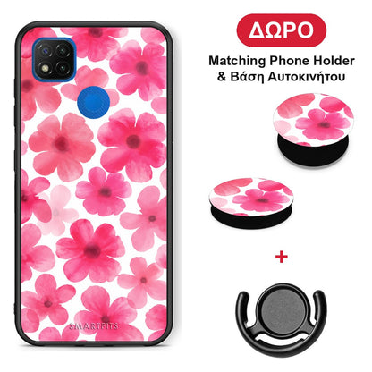 Pink Watercolour Flowers on White - Xiaomi Redmi 9C θήκη + Δώρο Phone Holder & Βάση Αυτοκινήτου