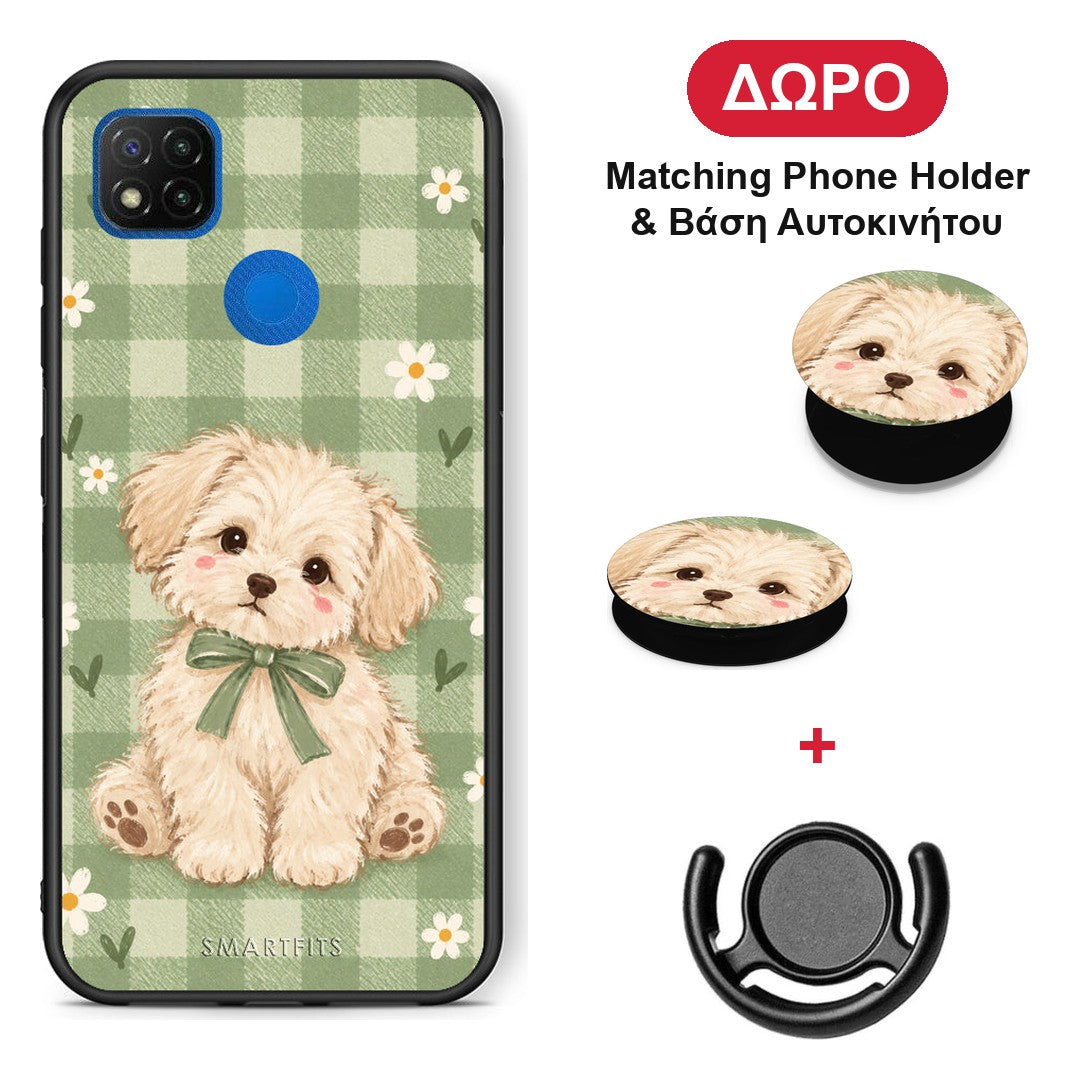Puppy and Daisies on Sage Gingham - Xiaomi Redmi 9C θήκη + Δώρο Phone Holder & Βάση Αυτοκινήτου