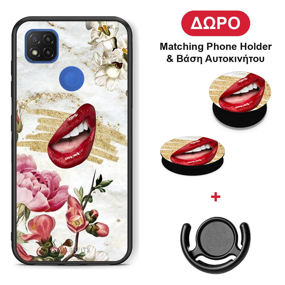 Red Lips - Xiaomi Redmi 9C θήκη + Δώρο Phone Holder & Βάση Αυτοκινήτου