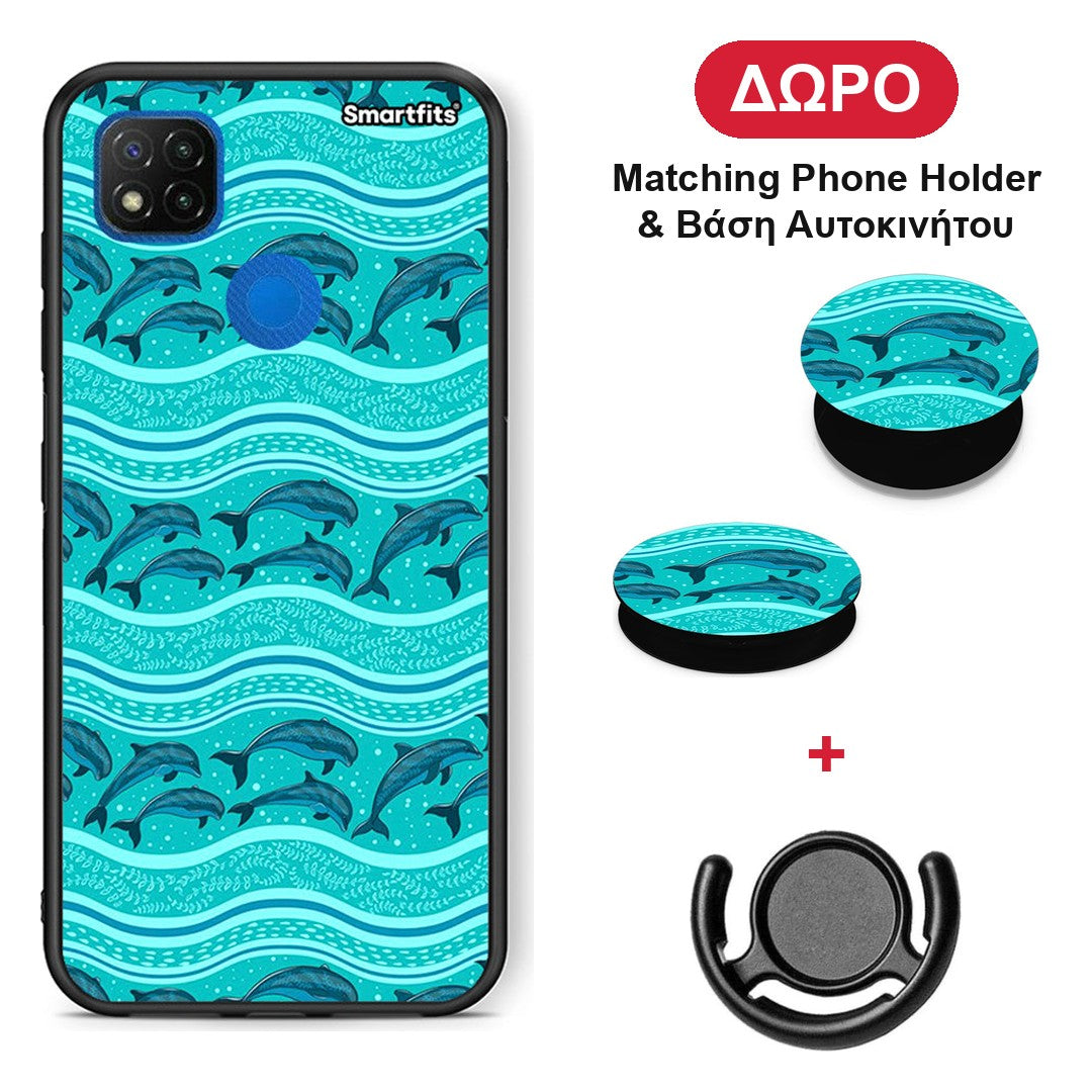Swimming Dolphins - Xiaomi Redmi 9C θήκη + Δώρο Phone Holder & Βάση Αυτοκινήτου