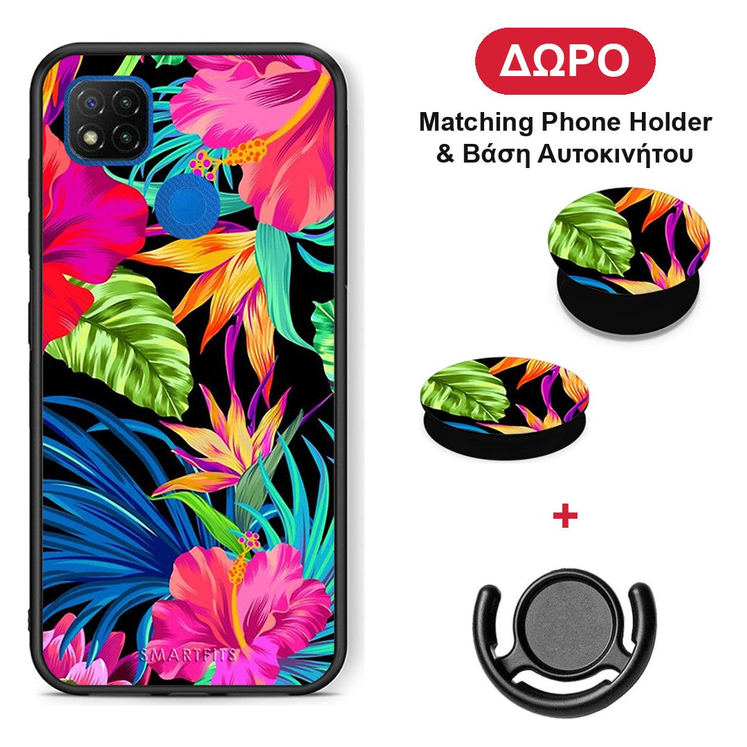 Tropical Flowers - Xiaomi Redmi 9C θήκη + Δώρο Phone Holder & Βάση Αυτοκινήτου