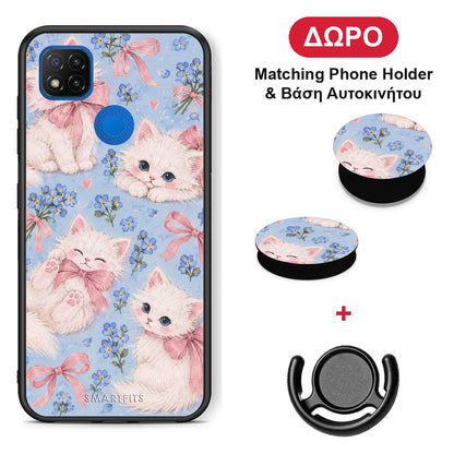 White Kittens and Blue Flowers Large - Xiaomi Redmi 9C θήκη + Δώρο Phone Holder & Βάση Αυτοκινήτου