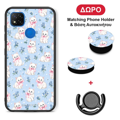 White Kittens and Blue Flowers Small - Xiaomi Redmi 9C θήκη + Δώρο Phone Holder & Βάση Αυτοκινήτου